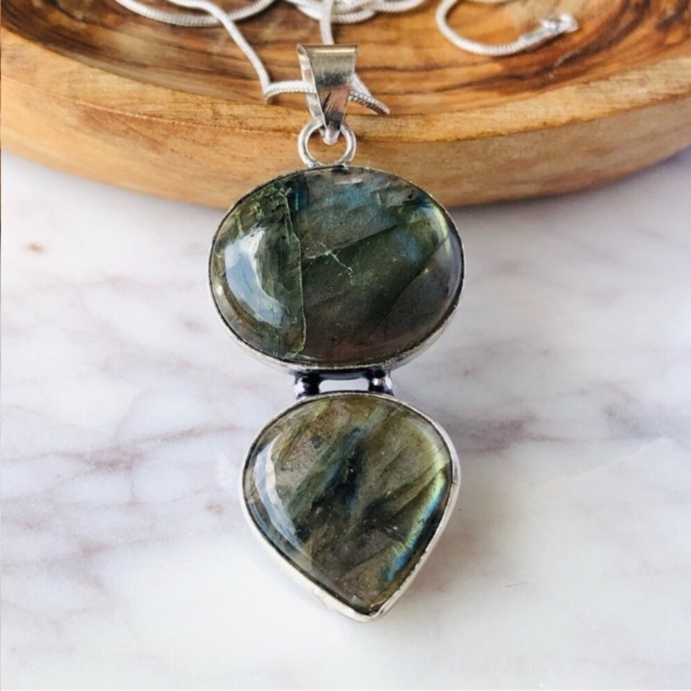 Genuine Labradorite Double Stone Silver Plated Necklace